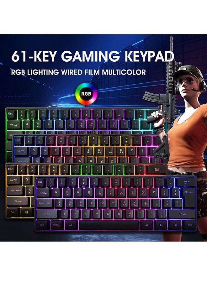 Rock Pow 60% Wired Gaming Keyboard, RGB Backlit Ultra-Compact Mini Keyboard, Waterproof Small Compact 61 Keys Keyboard for PC/Mac Gamer, Typist, Travel, Easy to Carry on Business Trip Black
