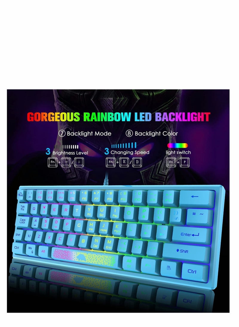 60% Gaming Keyboard, Mini Portable Rainbow RGB Backlight Compact Ergonomic 62-Key Layout 19-Key Anti-Ghosting Mechanical Feel Waterproof USB Wired for PC Mac Windows Laptop Typist (Blue)