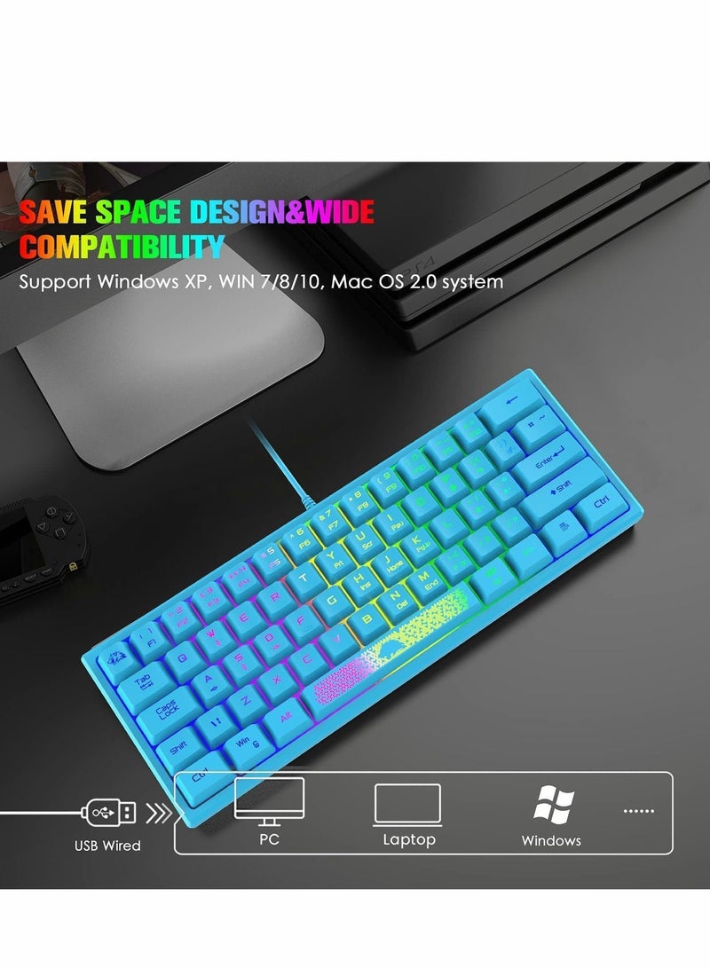 60% Gaming Keyboard, Mini Portable Rainbow RGB Backlight Compact Ergonomic 62-Key Layout 19-Key Anti-Ghosting Mechanical Feel Waterproof USB Wired for PC Mac Windows Laptop Typist (Blue)