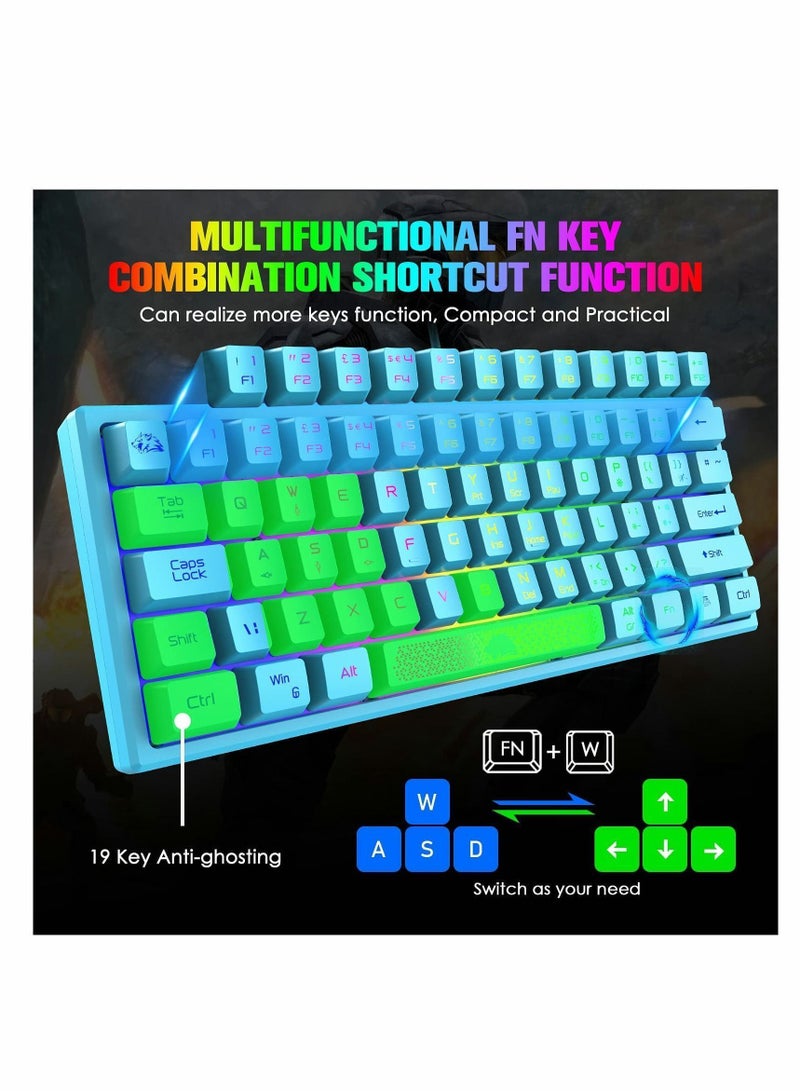 60% Gaming Keyboard, Mini Portable Rainbow RGB Backlight Compact Ergonomic 62-Key Layout 19-Key Anti-Ghosting Mechanical Feel Waterproof USB Wired for PC Mac Windows Laptop Typist (Blue)