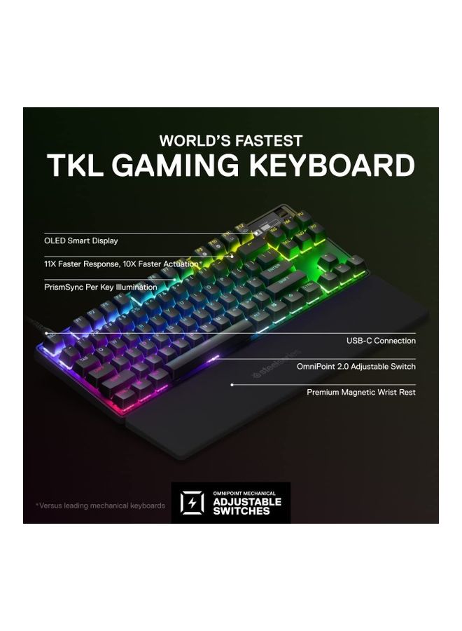 Apex Pro TKL - Tenkeyless Mechanical Gaming Keyboard with OmniPoint 2.0 Adjustable HyperMagnetic Switches (0.1mm to 4.0mm Actuation), 45cN Force, 0.7ms Response Time, 100 Million Keypress Lifetime, Aircraft Grade Aluminum Frame, RGB Illumination, N-Key Rollover, Anti-Ghosting, Windows/Mac/Console Compatibility, SteelSeries Engine 3.15+ Software Black | 64856