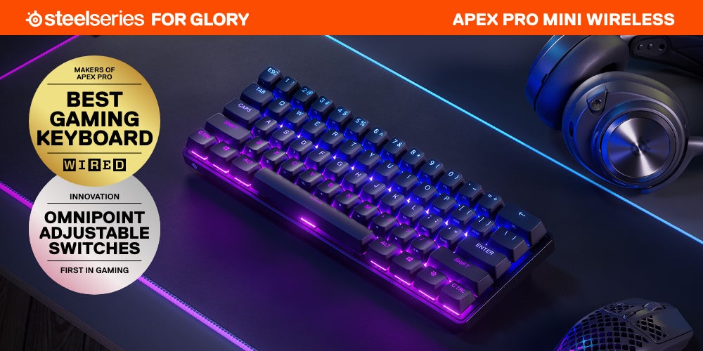 Apex Pro Mini Wireless 60% Gaming Keyboard – OmniPoint 2.0 Adjustable HyperMagnetic Switches (Up to 100M Keystrokes), 5 Custom Profiles, 0.7ms Response Time, Bluetooth 5.0 & USB Type-C, 40 Hours Battery Life, Per-Key RGB, US Layout, Black | 64842