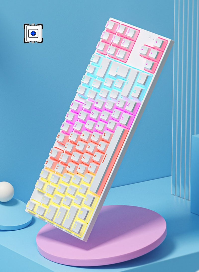 Mechanical Keyboard 87 Keys Blue Switch Pudding Keycaps RGB Backlit Wired Gaming Keyboard 25-Key Rollover Anti-Ghosting - White Blue Switch