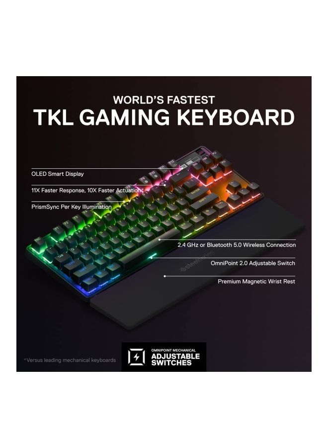 Apex Pro TKL Wireless Mechanical Keyboard (2023) - OmniPoint 2.0 Adjustable HyperMagnetic Switches, 40-Level Per-Key Actuation, 0.7ms Response Time, RGB Backlighting, OLED Smart Display, 2.4GHz & Bluetooth Wireless, USB-C, Full Key Programmability, English Layout, Black | 64865