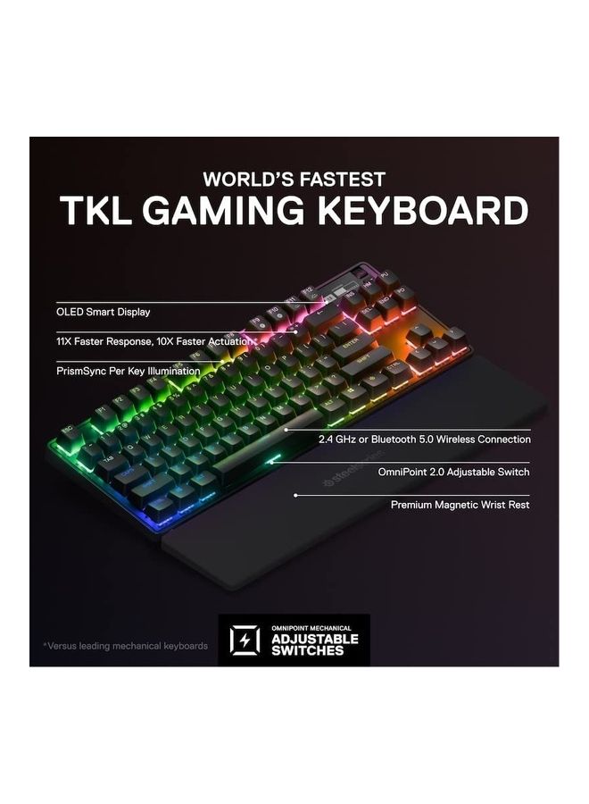 Apex Pro TKL Wireless Mechanical Keyboard (2023) - OmniPoint 2.0 Adjustable HyperMagnetic Switches, 40-Level Per-Key Actuation, 0.7ms Response Time, RGB Backlighting, OLED Smart Display, 2.4GHz & Bluetooth Wireless, USB-C, Full Key Programmability, English Layout, Black | 64865