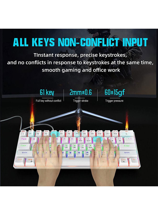 Wired 60% Mechanical Gaming Keyboard, Blue Switch Anti-Ghosting 61 Key Keyboard with RGB Backlit and Double Foot, Ultra-Compact White