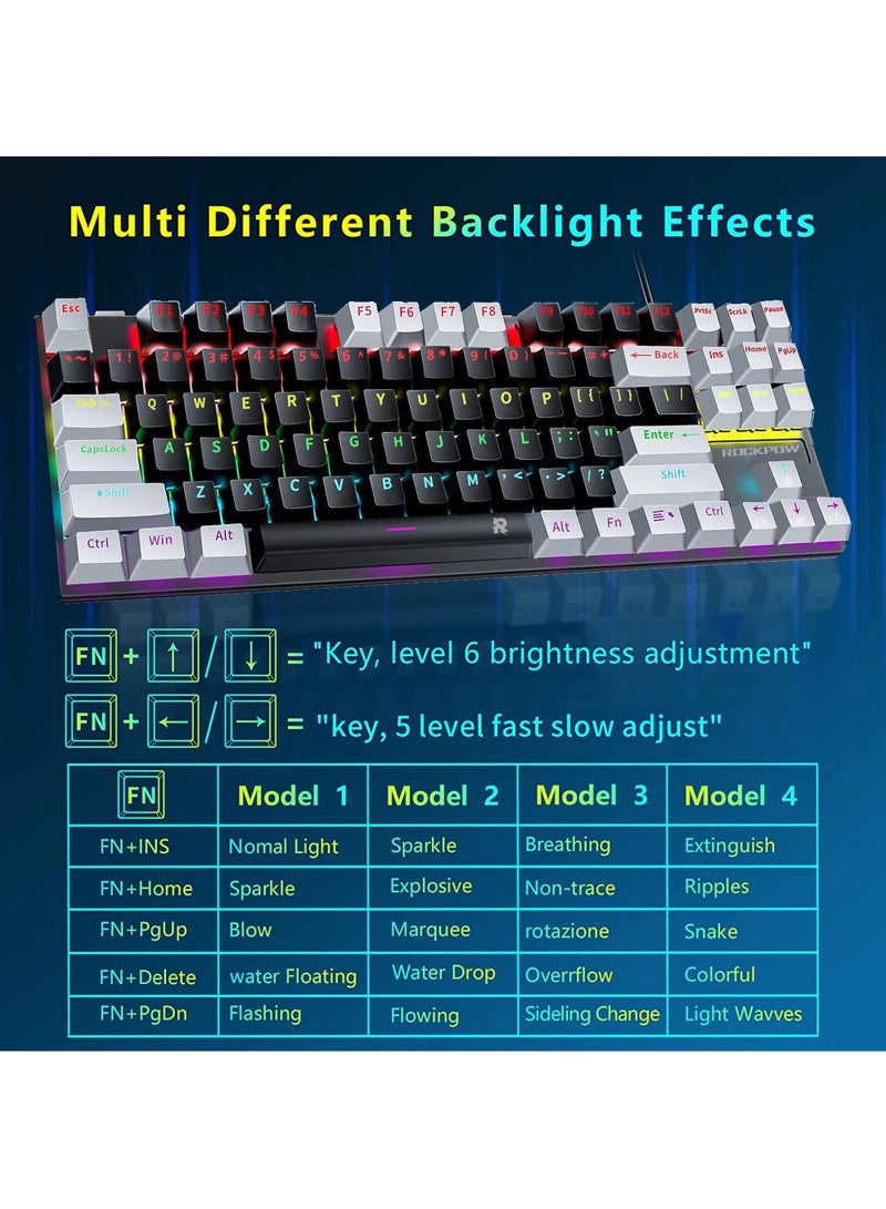 87 Keys Mechanical Gaming Keyboard USB Wired Keyboard Ergonomic Computer Keyboard with RGB LED Backlit Anti-ghosting Splash-Proof Ideal for PC/Mac