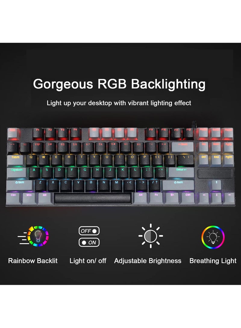 87 Keys Mechanical Gaming Keyboard USB Wired Keyboard Ergonomic Computer Keyboard with RGB LED Backlit Anti-ghosting Splash-Proof Ideal for PC/Mac