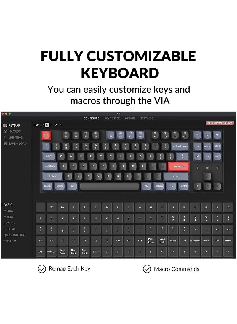 K8 Pro Wireless Custom Mechanical Keyboard, 87 keys QMK/VIA Programmable Bluetooth/Wired White Backlight Tenkeyless with Hot-swappable Gateron G Pro Blue Switch Compatible with Mac Windows Linux