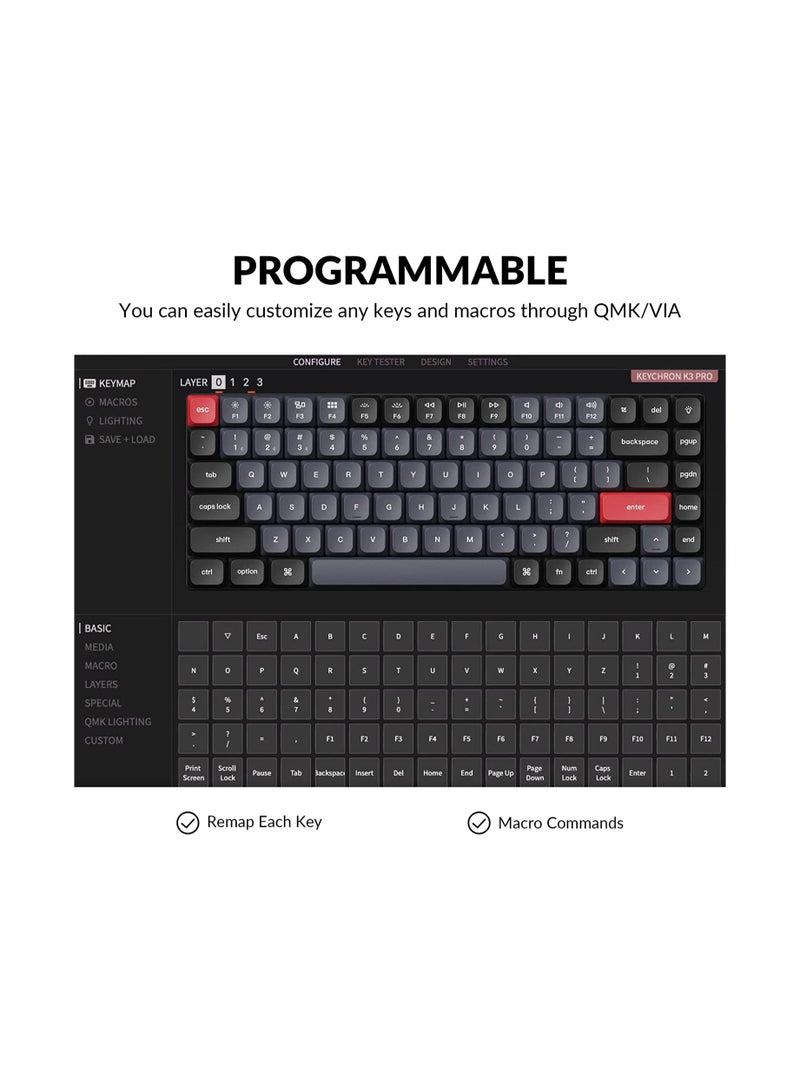 K3 Pro Wireless Custom Mechanical Keyboard, 75% Layout QMK/VIA Programmable Bluetooth/Wired RGB Ultra-Slim with Hot-swappable Gateron Low-Profile Red Compatible with Mac Windows Linux