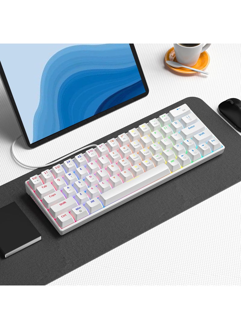 60% Wired Mechanical Gaming Keyboard RGB Backlit Ultra-Compact Mini Keyboard Waterproof Mini Compact 63 Keys Keyboard for PC/Mac Gamer Typist Travel Easy to Carry on Business Trip White