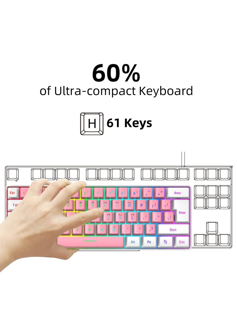 60% Wired Gaming Keyboard RGB Backlit Ultra-Compact Mini Keyboard Waterproof Small Compact 61 Keys Keyboard for PC/Mac Gamer Typist Travel Easy to Carry on Business Trip