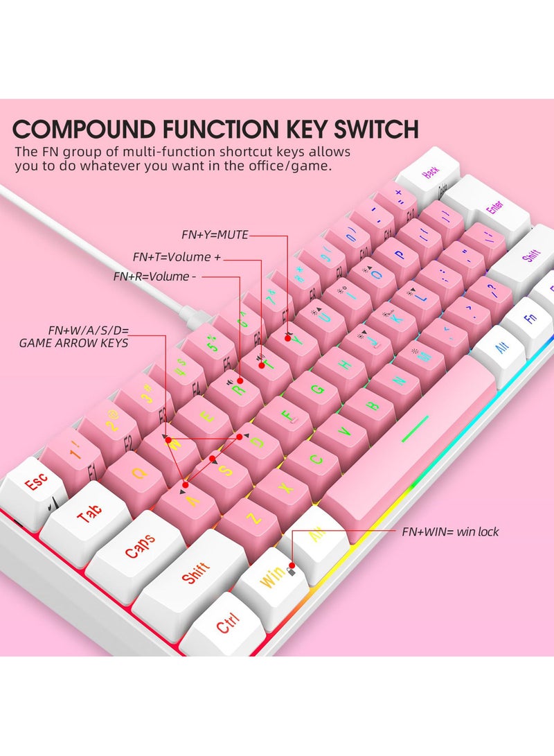 60% Wired Gaming Keyboard RGB Backlit Ultra-Compact Mini Keyboard Waterproof Small Compact 61 Keys Keyboard for PC/Mac Gamer Typist Travel Easy to Carry on Business Trip