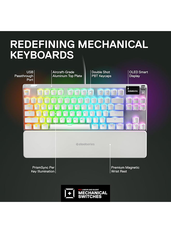 Apex 7 Ghost TKL Wired Mechanical Gaming Keyboard, Linear Red Switches, OLED Smart Display, Dynamic RGB Per-Key Backlighting, Aircraft Grade Aluminum Frame, 84-Key N-Key Rollover, Anti-Ghosting, Detachable Magnetic Wrist Rest, USB, US Layout, White | 64656