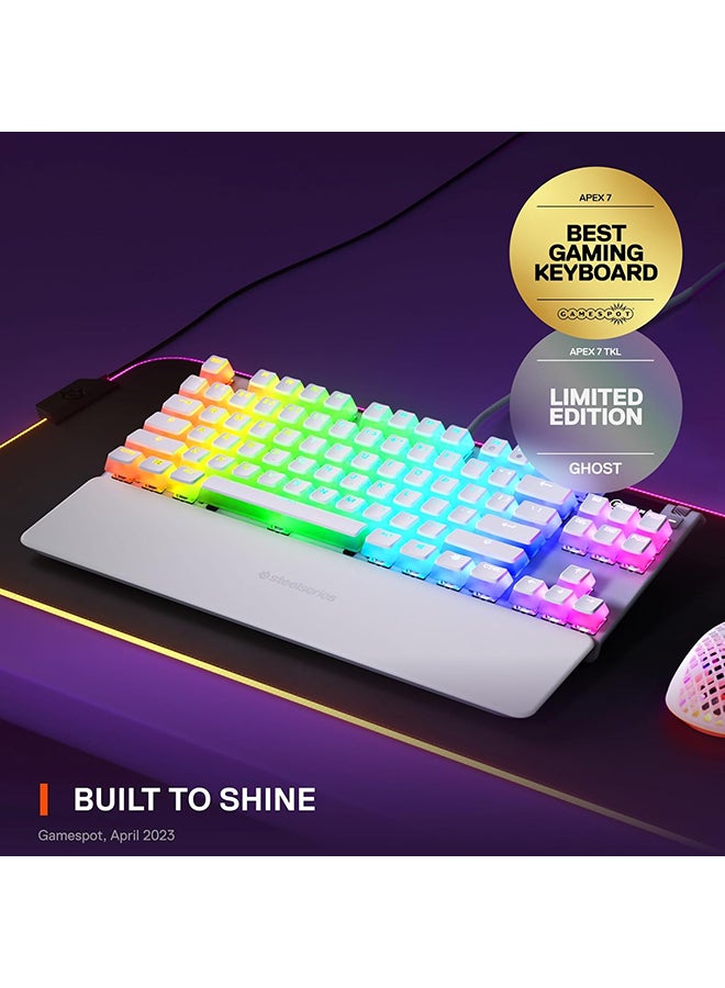 Apex 7 Ghost TKL Wired Mechanical Gaming Keyboard, Linear Red Switches, OLED Smart Display, Dynamic RGB Per-Key Backlighting, Aircraft Grade Aluminum Frame, 84-Key N-Key Rollover, Anti-Ghosting, Detachable Magnetic Wrist Rest, USB, US Layout, White | 64656