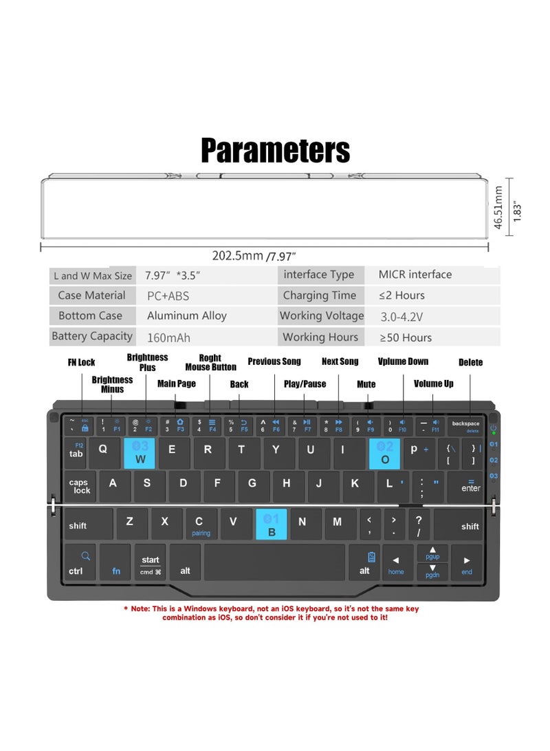 Foldable Bluetooth Keyboard, with Magnetic Stand, Aluminum Alloy Mini Quiet Folding Portable Lightweight Travel Rechargeable Pocket Keyboard for Tablet, Phones