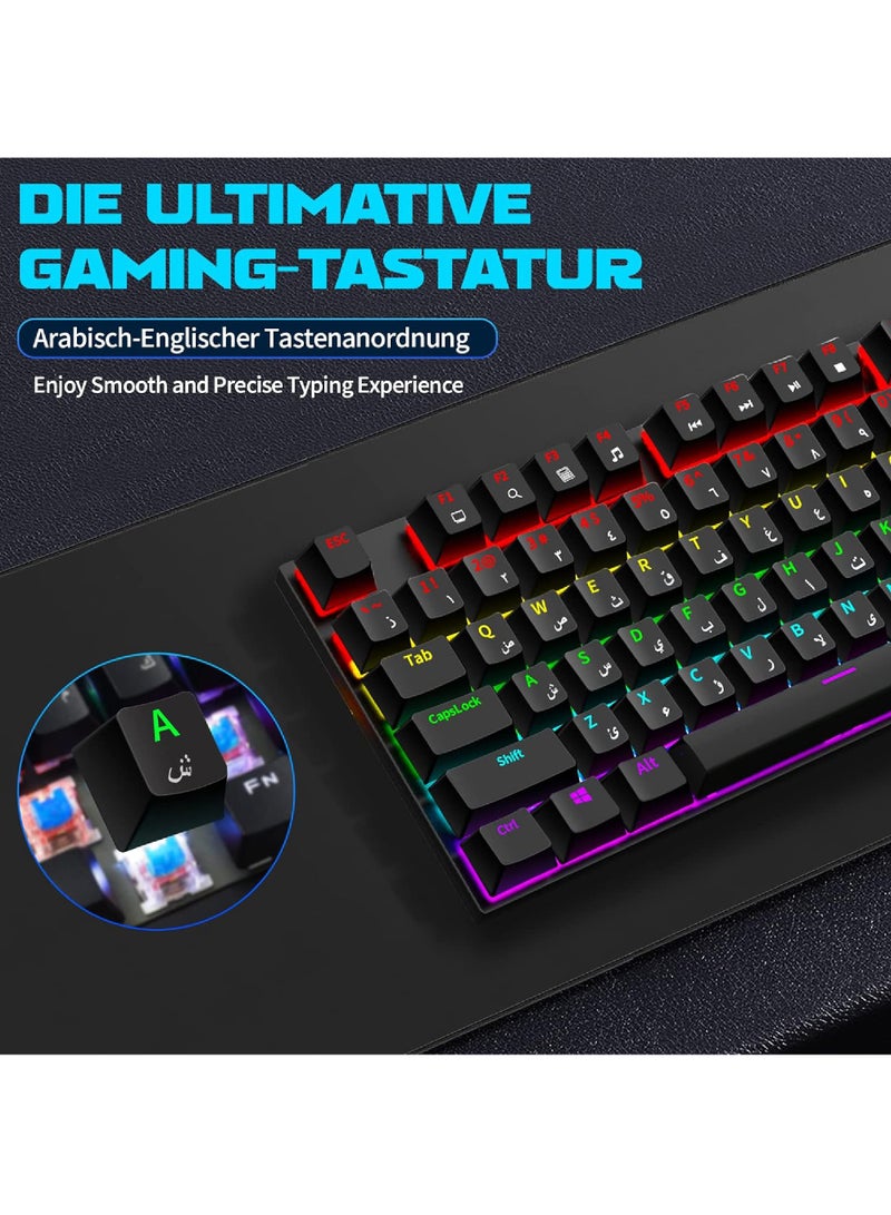 Arabic English Mechanical Gaming Keyboard with RGB LED Backlit 104 Keys USB Interface E-sport Waterproof Wired Keyboard for Windows/MacOS/Android PC Gamers