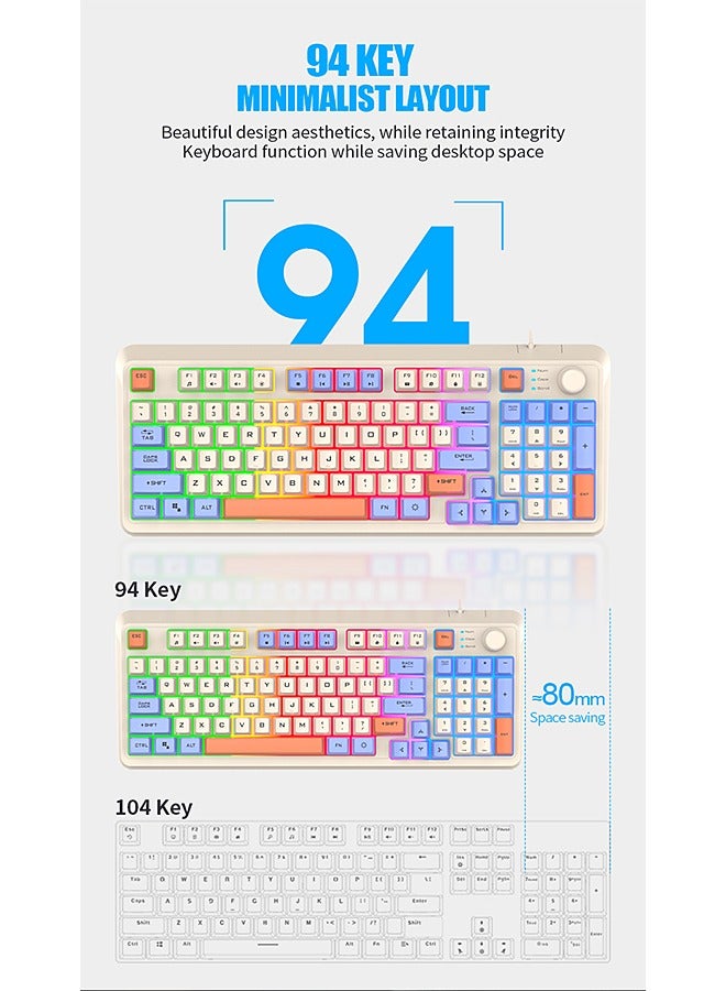 94-Key Wired Keyboard, Membrane Keyboard, Gaming Keyboard, Office Keyboard, Built-in Volume Adjustment Knob, RGB Light Effect, Computer Keyboard