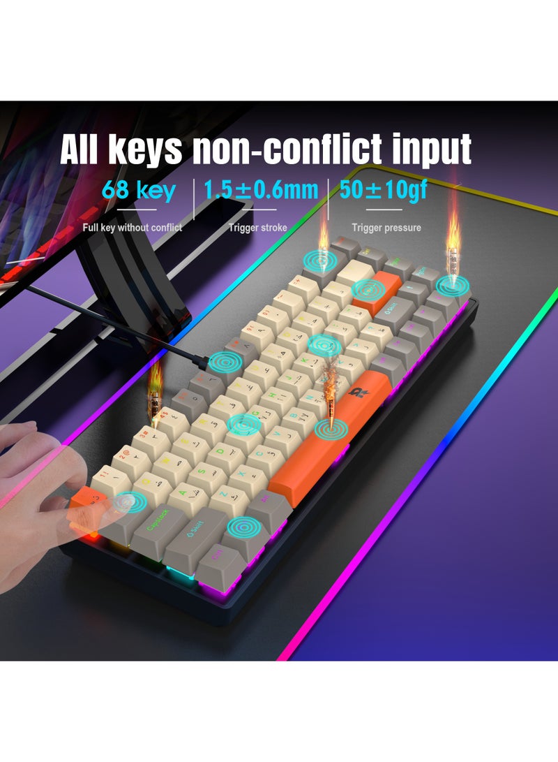 ROCK POW Arabic English Portable 60% Mechanical Gaming Keyboard MK-Box LED Backlit Compact 68 Keys Mini Wired Office Keyboard with Blue Switch for Windows Laptop PC Mac