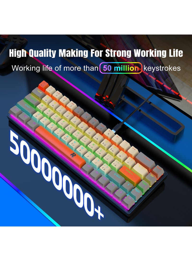 ROCK POW Arabic English Portable 60% Mechanical Gaming Keyboard MK-Box LED Backlit Compact 68 Keys Mini Wired Office Keyboard with Blue Switch for Windows Laptop PC Mac