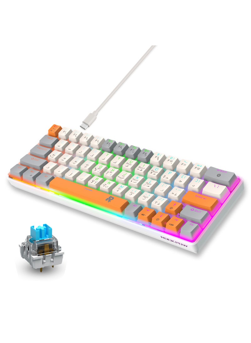 ROCK POW 60% Arabic English Mechanical Gaming Keyboard, 63keys RGB Backlit Ultra-Compact Mini Keyboard, Waterproof Mini Compact Keyboard for PC/Mac Gamer, Typist,Trip Hot  Swappable Blue Switch