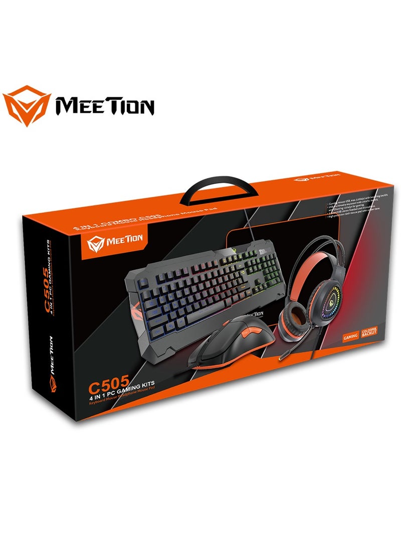 Meetion MT-C505 4 in 1 Gaming Combo Kit, Anti Ghost RGB Gaming Keyboard, 5+1 Buttons 3200DPI Gaming Mouse, Backlit Gaming Headphone with Omni Directional Microphone, High Precision Gaming Mouse Pad