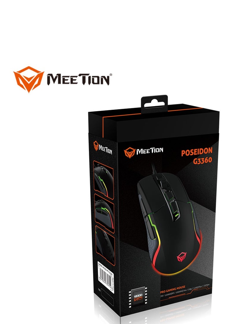 Meetion MT-G3360 High Performance Gaming Mouse Optical Wired Mouse with 12000 Adjustable DPI with RGB Light Weight Hyper Scroll Tilt Wheel Classic Black Back Lighting Elevate Your Gameplay Stylish