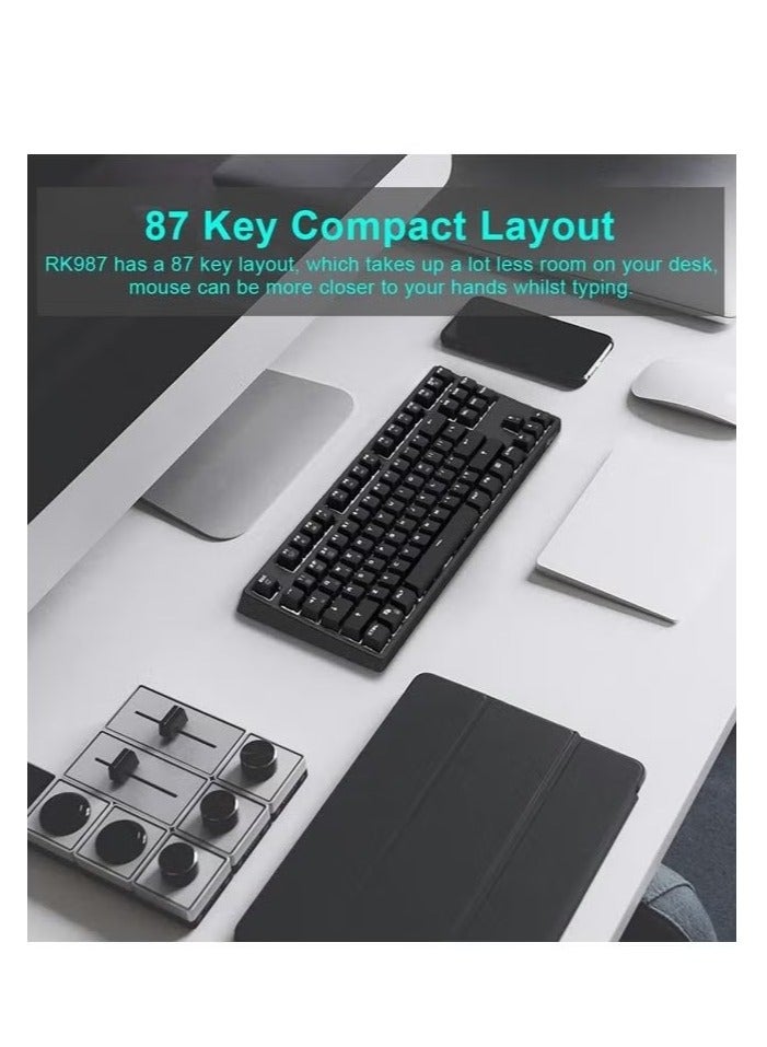 RK987 Mechanical Keyboard 87 Keys White LED Backlight Tenkeyless Gaming Keyboard, Wired/Wireless Bluetooth Gaming/Office for iOS Android Windows MacOS and Linux