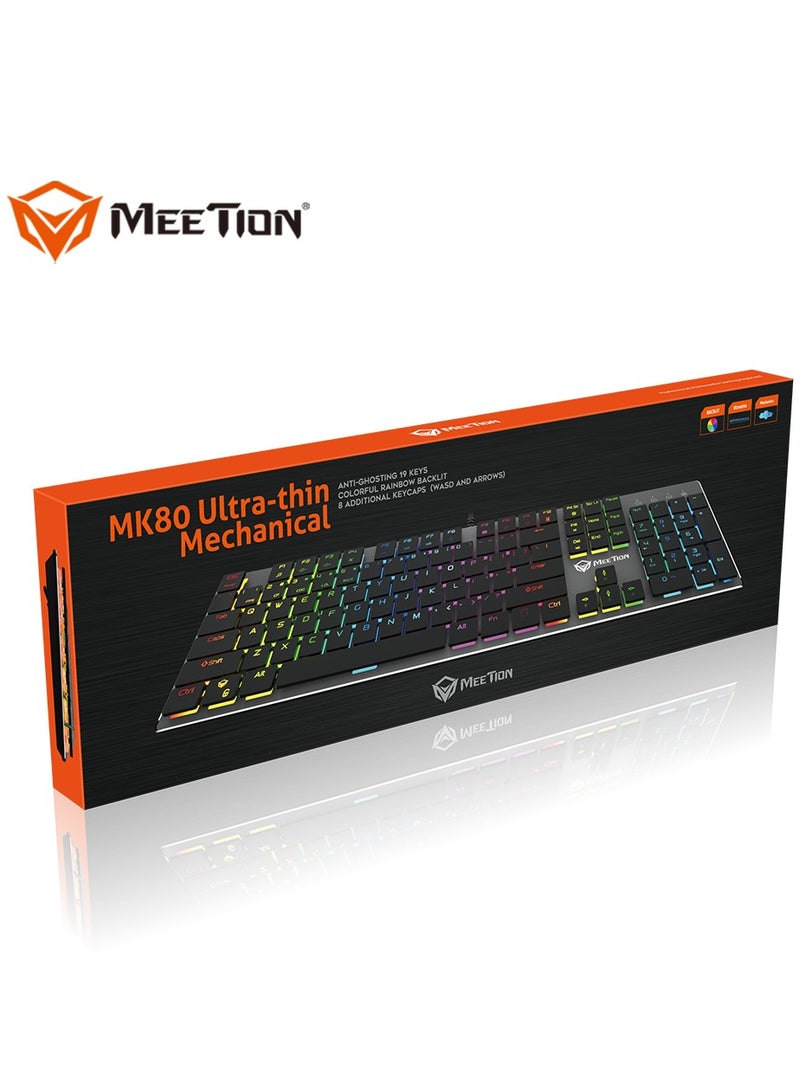 MEETION MK80 Ultrathin Mechanical RGB backlit full keys anti-ghosting ultrathin chocolate keycaps Mechanical Blue Switch Gold-Plating USB