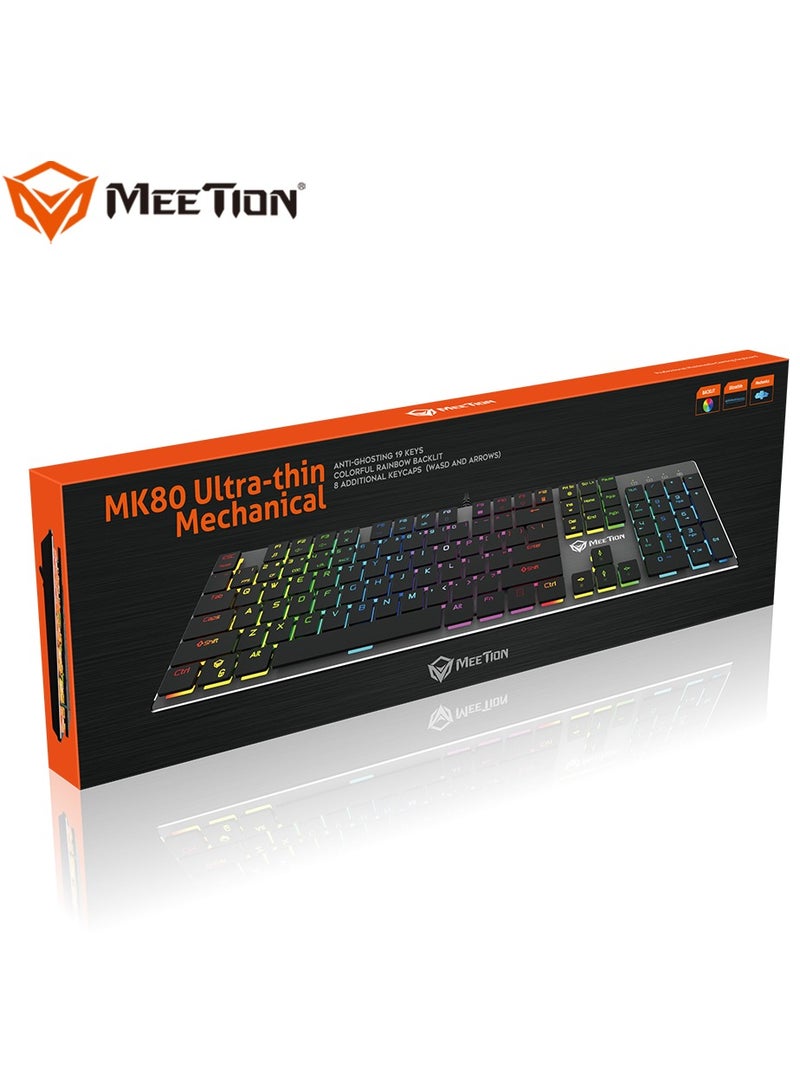 MEETION MK80 Ultrathin Mechanical RGB backlit full keys anti-ghosting ultrathin chocolate keycaps Mechanical Blue Switch Gold-Plating USB Best Gaming Keyboard