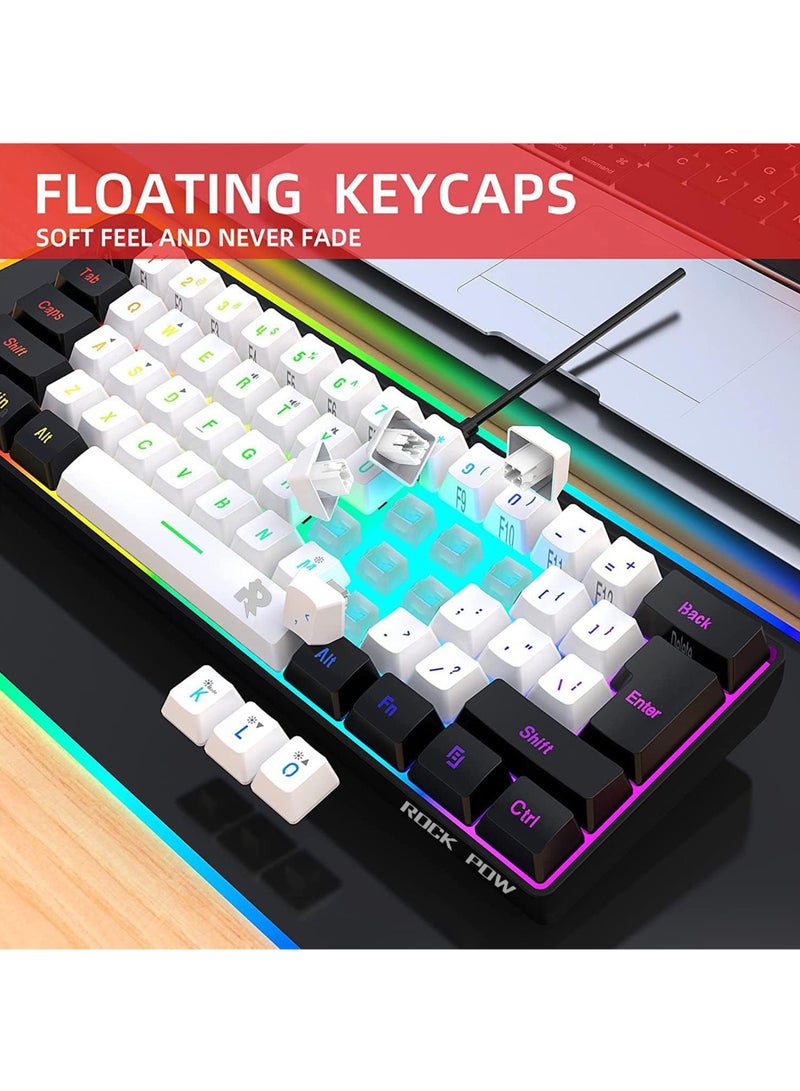 ROCK POW Arabic English 60% Wired Gaming Keyboard RGB Backlit 61 keys Membrane Gaming Keyboard, Ultra-Compact Mini Waterproof Keyboard for PC Computer Gamer  Black White