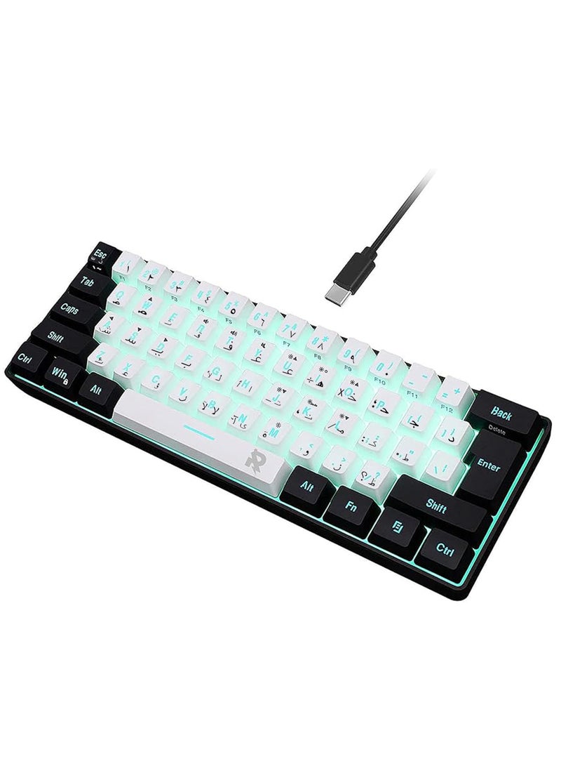 ROCK POW Arabic English 60% Wired Gaming Keyboard RGB Backlit 61 keys Membrane Gaming Keyboard, Ultra-Compact Mini Waterproof Keyboard for PC Computer Gamer  Black White