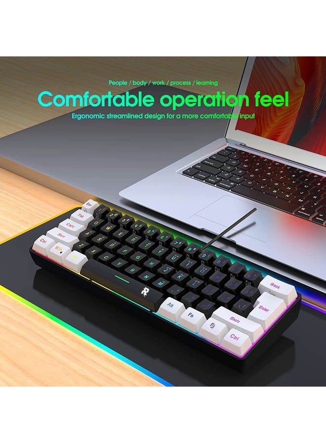 ROCK POW Arabic English 60% Wired Gaming Keyboard RGB Backlit 61 keys Small Membrane Gaming Keyboard Ultra-Compact Mini Waterproof Keyboard for PC Computer Gamer