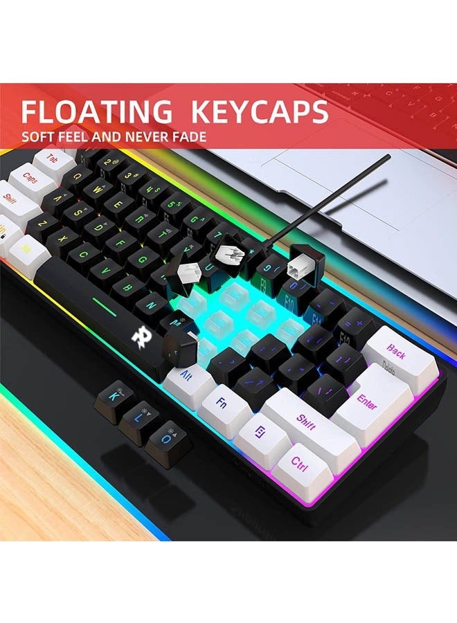 ROCK POW Arabic English 60% Wired Gaming Keyboard RGB Backlit 61 keys Small Membrane Gaming Keyboard Ultra-Compact Mini Waterproof Keyboard for PC Computer Gamer