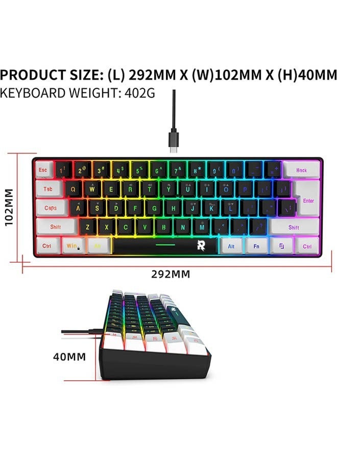 ROCK POW Arabic English 60% Wired Gaming Keyboard RGB Backlit 61 keys Small Membrane Gaming Keyboard Ultra-Compact Mini Waterproof Keyboard for PC Computer Gamer