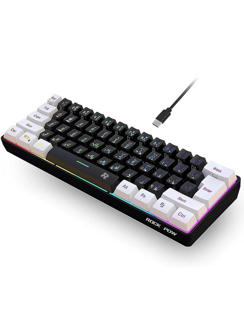 ROCK POW Arabic English 60% Wired Gaming Keyboard RGB Backlit 61 keys Small Membrane Gaming Keyboard Ultra-Compact Mini Waterproof Keyboard for PC Computer Gamer