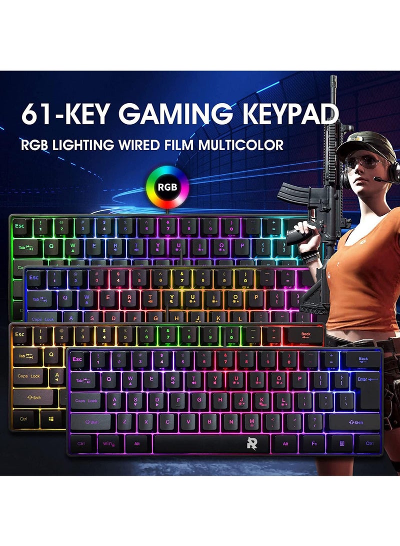 ROCK POW Arabic English 60% Wired Gaming Keyboard RGB Backlit Ultra-Compact Mini Keyboard Waterproof Small Compact 61 Keys Keyboard for PC/Mac Gamer Typist Travel Easy to Carry on Business Trip