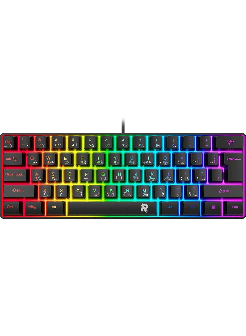 ROCK POW Arabic English 60% Wired Gaming Keyboard RGB Backlit Ultra-Compact Mini Keyboard Waterproof Small Compact 61 Keys Keyboard for PC/Mac Gamer Typist Travel Easy to Carry on Business Trip