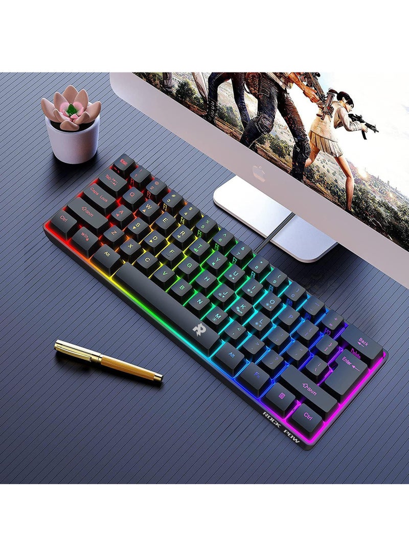 ROCK POW Arabic English 60% Wired Gaming Keyboard RGB Backlit Ultra-Compact Mini Keyboard Waterproof Small Compact 61 Keys Keyboard for PC/Mac Gamer Typist Travel Easy to Carry on Business Trip