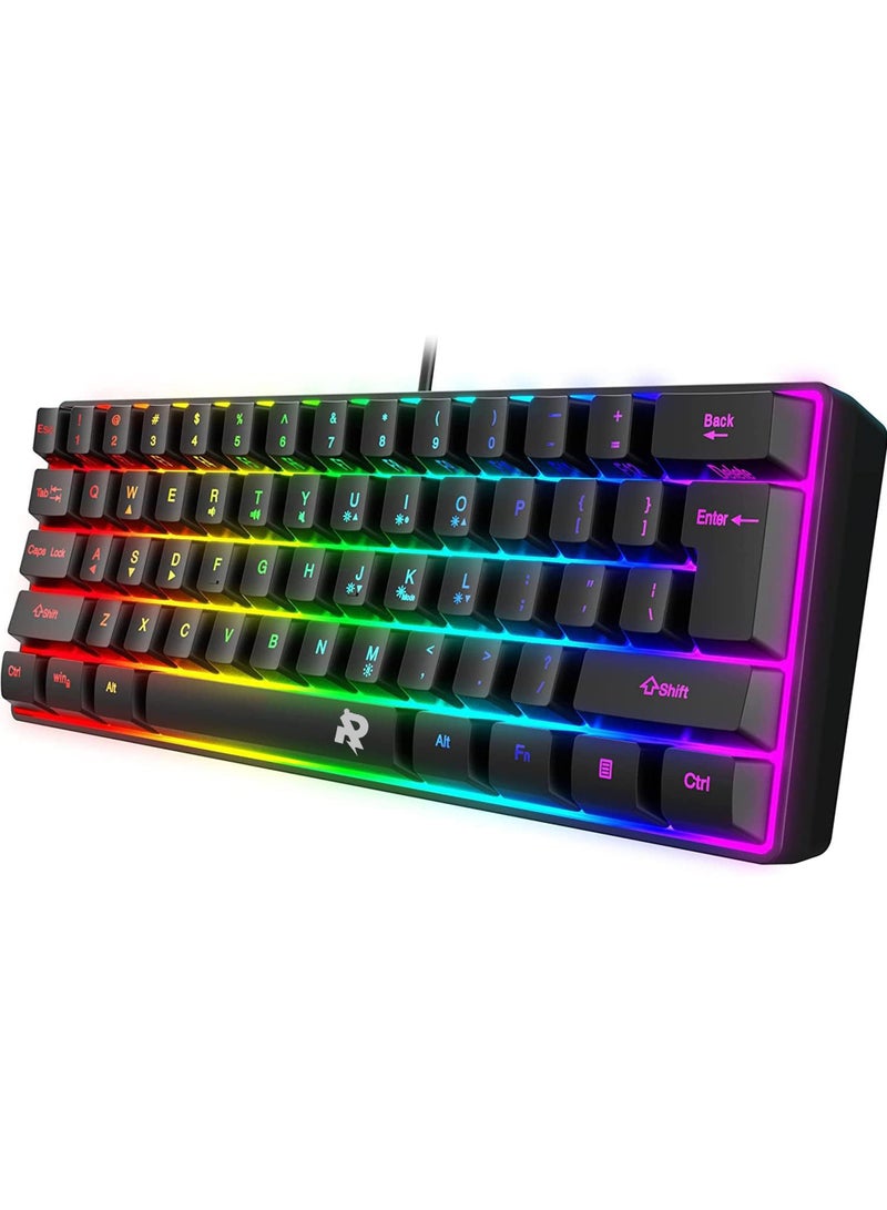 ROCK POW Arabic English 60% Wired Gaming Keyboard RGB Backlit Ultra-Compact Mini Keyboard Waterproof Small Compact 61 Keys Keyboard for PC/Mac Gamer Typist Travel Easy to Carry on Business Trip