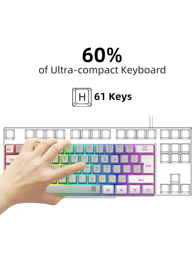 Rock Pow 60% Wired Gaming Keyboard RGB Backlit Mini Keyboard Waterproof Small Ultra-Compact 61 Keys Keyboard for PC/Mac Gamer Typist Travel Easy to Carry on Business Trip