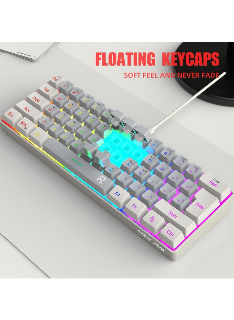 Rock Pow 60% Wired Gaming Keyboard RGB Backlit Mini Keyboard Waterproof Small Ultra-Compact 61 Keys Keyboard for PC/Mac Gamer Typist Travel Easy to Carry on Business Trip