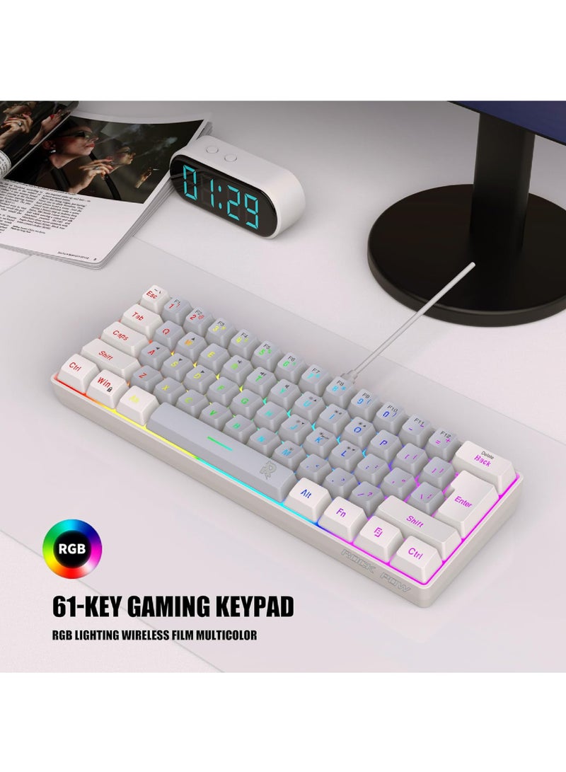 Rock Pow 60% Wired Gaming Keyboard RGB Backlit Mini Keyboard Waterproof Small Ultra-Compact 61 Keys Keyboard for PC/Mac Gamer Typist Travel Easy to Carry on Business Trip