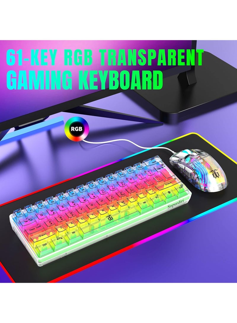 Gaming Keyboard Wired Transparent Small Keyboard with changing color light 61 Keys True RGB Backlit for Computer PC Gamer