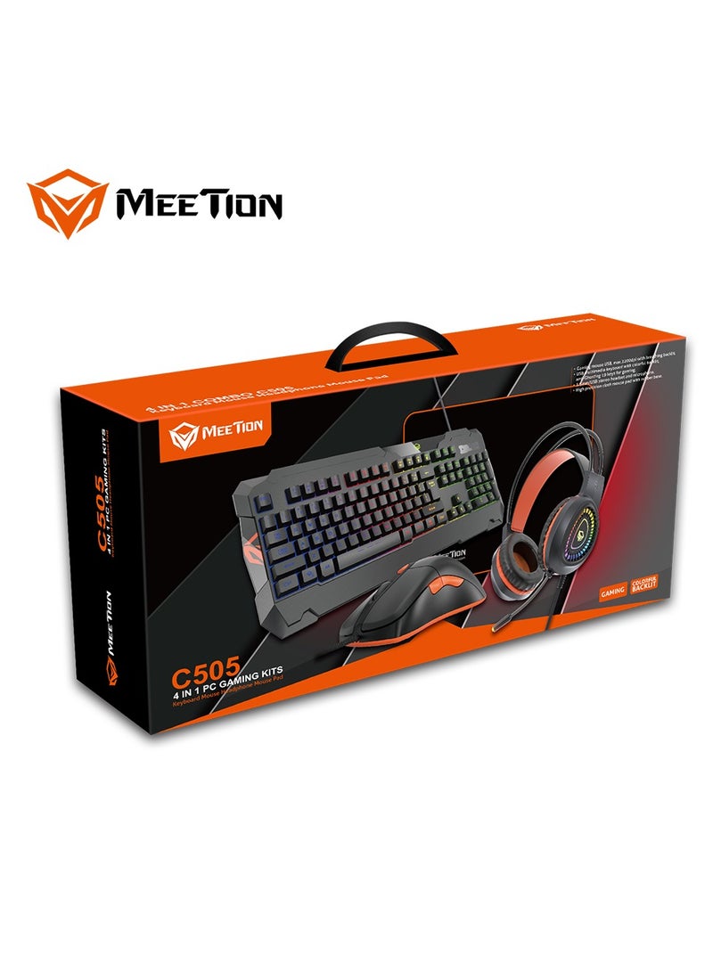 Meetion MT-C505 4 in 1 Gaming Combo Kit, Anti Ghost RGB Gaming Keyboard, 5+1 Buttons 3200DPI Gaming Mouse, Backlit Gaming Headphone with Omni Directional Microphone, High Precision Gaming Mouse Pad