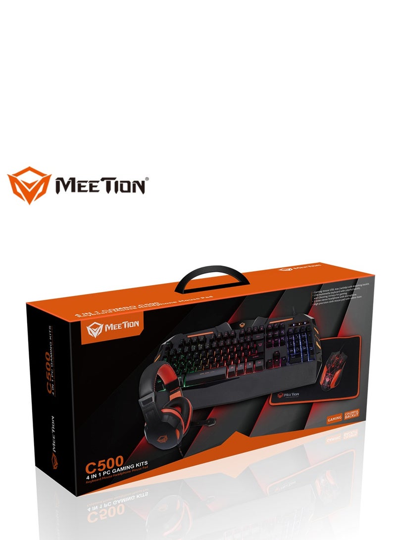 Meetion 4 in 1 C-500 PC Backlight Gold Plating USB Ergonomic Gaming Mouse Rainbow Keyboard and Mouse Pad Combo Comfortable and Soft Keys