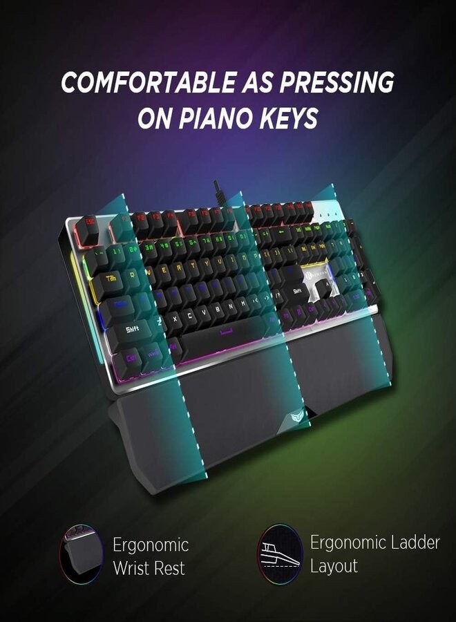 Remson K30 RGB Gaming Mechanical Keyboard 104 Keys Blue Switches Wired USB Keyboards with Detachable Wrist Rest, Arabic/English Gaming Mechanical Keyboard for PC Gamer Computer Desktop