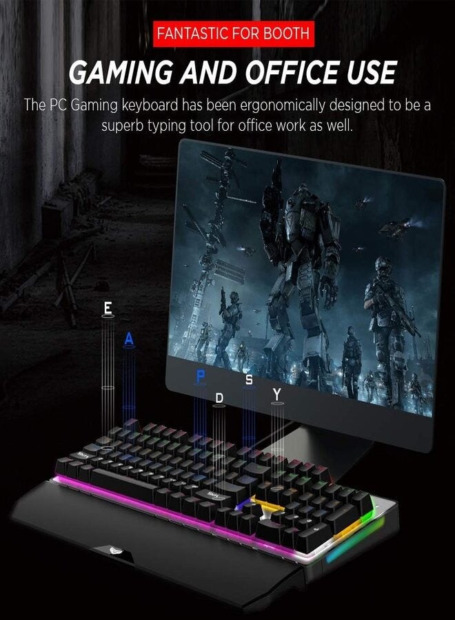Remson K30 RGB Gaming Mechanical Keyboard 104 Keys Blue Switches Wired USB Keyboards with Detachable Wrist Rest, Arabic/English Gaming Mechanical Keyboard for PC Gamer Computer Desktop