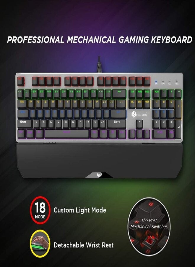 Remson K30 RGB Gaming Mechanical Keyboard 104 Keys Blue Switches Wired USB Keyboards with Detachable Wrist Rest, Arabic/English Gaming Mechanical Keyboard for PC Gamer Computer Desktop