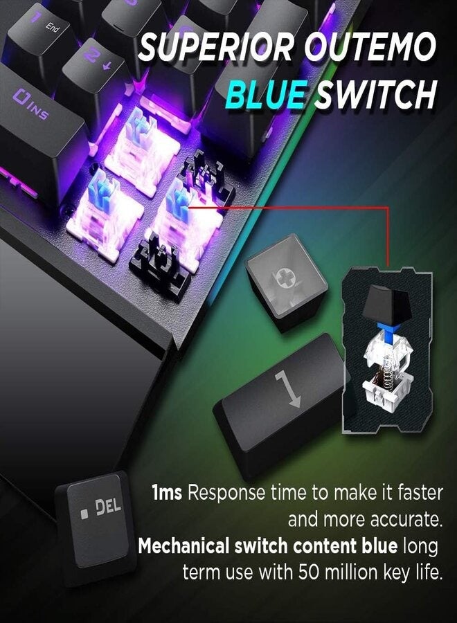 Remson K30 RGB Gaming Mechanical Keyboard 104 Keys Blue Switches Wired USB Keyboards with Detachable Wrist Rest, Arabic/English Gaming Mechanical Keyboard for PC Gamer Computer Desktop